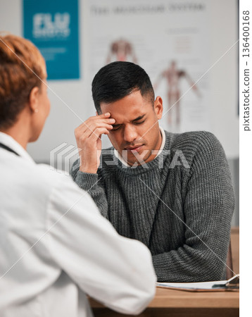 Stress, headache and doctor with patient in consultation, exam or test in hospital clinic with head pain. Burnout, fatigue and medical professional helping a tired or sick man with nursing advice Stress, headache and doctor with patient in consultation, exam or test in hospital clinic with head pain. Burnout, fatigue and medical professional helping a tired or sick man with nursing advice 136400168