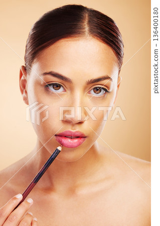 Portrait, woman or lips pencil for makeup, facial skincare or beauty cosmetics in studio or brown background. Mouth, face or model with lipstick liner product for glow, makeover or application 136400180