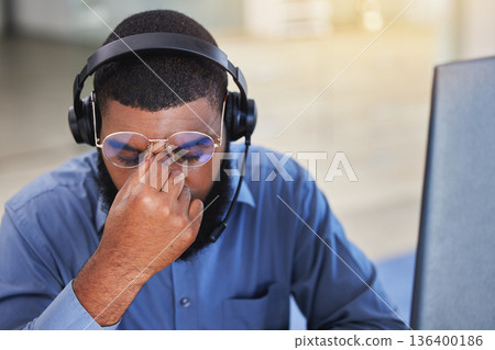 Call center, business man and headache, pain or stress for communication mistake, error and sales crisis. Tired agent, consultant or sad person in glasses, computer and health risk in telemarketing 136400186
