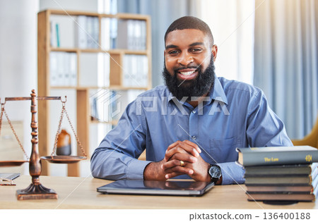 Happy black man, portrait and lawyer at desk for consulting, justice and pride in law firm in Nigeria. Attorney, advocate and businessman in office for legal advice, court meeting and constitution 136400188