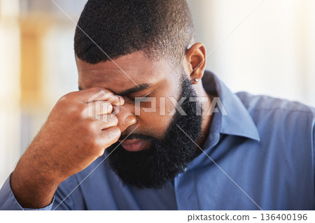 Business, stress and face of black man with headache for burnout, debt and confused by pain of mistake. Corporate male worker with anxiety, doubt and depression for bankruptcy, crisis and challenge Business, stress and face of black man with headache for burnout, debt and confused by pain of mistake. Corporate male worker with anxiety, doubt and depression for bankruptcy, crisis and challenge 136400196