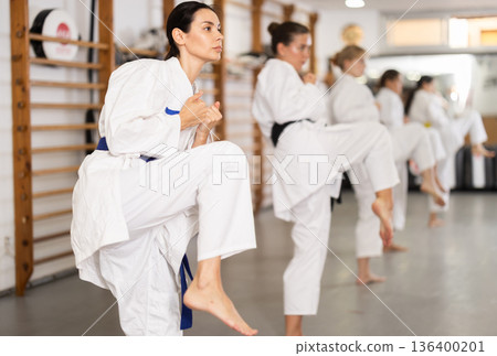 Women students repeat position and perform sequence of punches and painful techniques kata Women students repeat position and perform sequence of punches and painful techniques kata 136400201