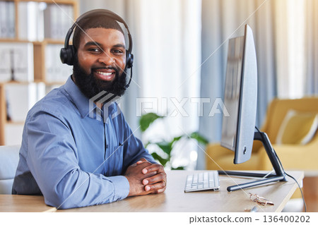 Call center, customer support and portrait of black man at desk with smile for friendly service. Telemarketing, business and happy male consultant with headset for communication, crm help and contact Call center, customer support and portrait of black man at desk with smile for friendly service. Telemarketing, business and happy male consultant with headset for communication, crm help and contact 136400202
