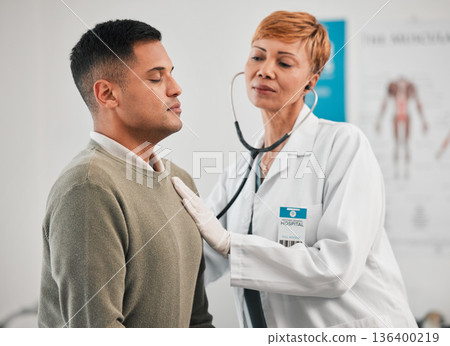 Doctor, asthma or woman with man breathing for healthcare, nursing or cardiology wellness services. Test tools, help or medical worker checking heart beat with listening equipment in hospital clinic Doctor, asthma or woman with man breathing for healthcare, nursing or cardiology wellness services. Test tools, help or medical worker checking heart beat with listening equipment in hospital clinic 136400219