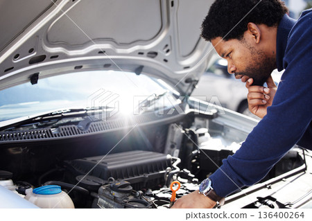 Black man, car breakdown and confused with engine problem in road with doubt, auto repair service insurance and travel. Motor crisis, transport and frustrated driver on street checking under hood. Black man, car breakdown and confused with engine problem in road with doubt, auto repair service insurance and travel. Motor crisis, transport and frustrated driver on street checking under hood. 136400264