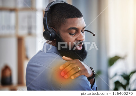 Call center, customer support and black man with shoulder pain, injury and muscle strain at desk. Telemarketing, crm business and male consultant with inflammation for stress, posture and overworked Call center, customer support and black man with shoulder pain, injury and muscle strain at desk. Telemarketing, crm business and male consultant with inflammation for stress, posture and overworked 136400270