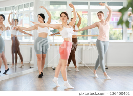 Sporty happy young girl demonstrating fourth ballet position with group of young girls in choreography studio 136400401