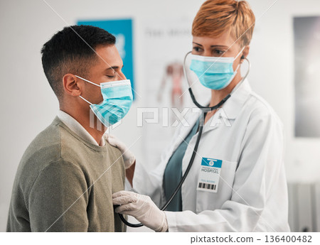 Doctor, face mask or woman with man breathing for healthcare, nursing or clinic cardiology. Wellness services, cardiology or medical worker checking heart beat with listening equipment in hospital 136400482