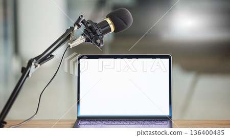 Laptop screen, mockup and mic for radio or podcast with audio equipment, technology and marketing for show. Multimedia, communication and email with website design layout, news and about us on pc 136400485