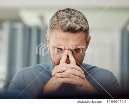 Face of business man, headache and stress of debt, burnout and mistake of stock market crash. Frustrated corporate manager with anxiety for bankruptcy problem, doubt and fail of crisis in depression Face of business man, headache and stress of debt, burnout and mistake of stock market crash. Frustrated corporate manager with anxiety for bankruptcy problem, doubt and fail of crisis in depression 136400514
