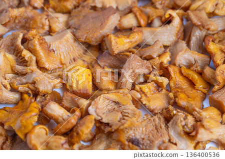 Golden mushroom delight, Glistening chanterelles in pan, Warm amber tones and rustic kitchen atmosphere, Tender cooked chanterelles shine with savory aroma and rustic charm Golden mushroom delight, Glistening chanterelles in pan, Warm amber tones and rustic kitchen atmosphere, Tender cooked chanterelles shine with savory aroma and rustic charm 136400536