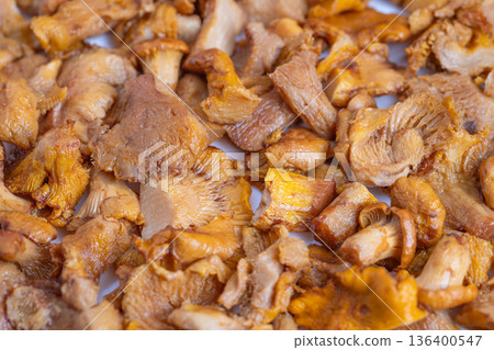 Chanterelle detailed surface, Dense overlapping caps create organic mosaic pattern, Abstract food background emphasizing rich textures and warm amber tones in high detail 136400547