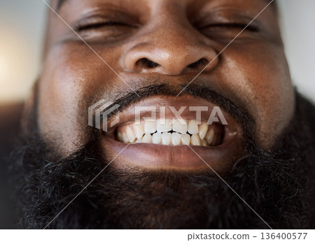 Black man, face and smile with teeth for dental care or hygiene against a studio background. Closeup of happy African male person in tooth whitening, oral or gum and mouth cleaning at the dentist Black man, face and smile with teeth for dental care or hygiene against a studio background. Closeup of happy African male person in tooth whitening, oral or gum and mouth cleaning at the dentist 136400577