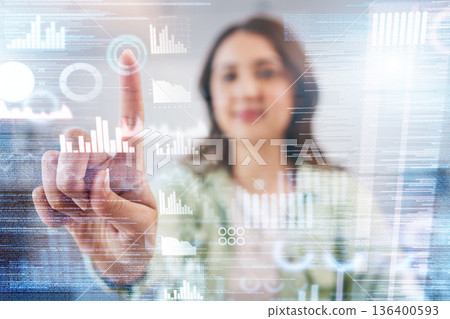 Business woman, press hologram chart and finger for financial data analysis, stats and stock market information. Futuristic trading, 3D ux overlay and graph for research, growth and vision in agency Business woman, press hologram chart and finger for financial data analysis, stats and stock market information. Futuristic trading, 3D ux overlay and graph for research, growth and vision in agency 136400593