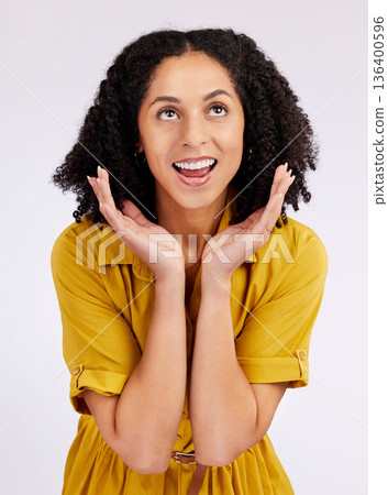 Wow, surprise and hands on face of woman in studio looking up for info, promo or news on white background. Omg, announcement and female with emoji expression to gossip, secret or unexpected wtf drama Wow, surprise and hands on face of woman in studio looking up for info, promo or news on white background. Omg, announcement and female with emoji expression to gossip, secret or unexpected wtf drama 136400596