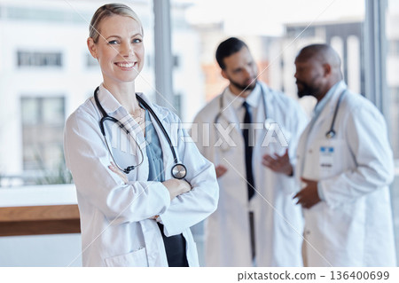 Woman, happy and portrait of a doctor with arms crossed in a hospital for medical service. Smile, pride and a female nurse or surgeon with confidence while working at a clinic and leadership Woman, happy and portrait of a doctor with arms crossed in a hospital for medical service. Smile, pride and a female nurse or surgeon with confidence while working at a clinic and leadership 136400699