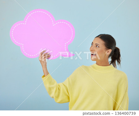 Social media, happiness and woman with mockup speech bubble for voting opinion, studio advertising space or branding. Information, billboard design or feedback person announcement on blue background 136400739