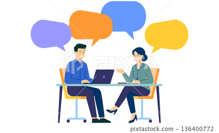 商務人士在友善的氛圍中圍坐在筆記型電腦旁交流意見，非常適合進行視覺簡報和會議。 136400772