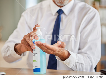 Hands, bottle and sanitizer for business man, cleaning and stop virus for health, wellness or hygiene in office. Professional person, entrepreneur or employee with product, gel or liquid for bacteria Hands, bottle and sanitizer for business man, cleaning and stop virus for health, wellness or hygiene in office. Professional person, entrepreneur or employee with product, gel or liquid for bacteria 136400784