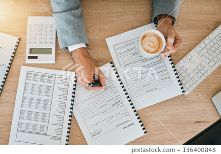 Top view, business hands and writing contract, closeup or financial planning with paperwork, budget spreadsheet or pension fund. Person, accountant or broker with finance documents or insurance Top view, business hands and writing contract, closeup or financial planning with paperwork, budget spreadsheet or pension fund. Person, accountant or broker with finance documents or insurance 136400848