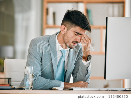 Business man, headache and office computer with stress from auditor burnout at desk. Anxiety, eye pain and tired corporate worker with tech and tax deadline and fatigue from brain fog at company Business man, headache and office computer with stress from auditor burnout at desk. Anxiety, eye pain and tired corporate worker with tech and tax deadline and fatigue from brain fog at company 136400850