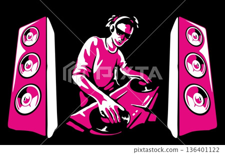 Silhouette of a DJ wearing headphones and scratching a record on the turntable. Vector illustration on black background Silhouette of a DJ wearing headphones and scratching a record on the turntable. Vector illustration on black background 136401122