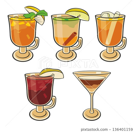 Set of isolated colorful sketch cocktails Set of isolated colorful sketch cocktails 136401159