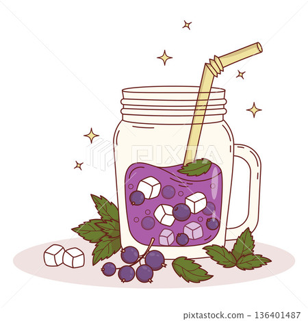 Purple Blackcurrant Drink with Ice Cubes, Berries in clear in mason jar. Summer Refreshing Cocktail with straw and Mint. Vector Illustration Lemonade Healthy Seasonal smoothie 136401487