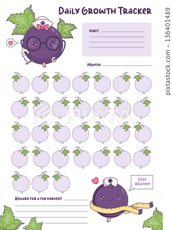 Monthly Health Habit Tracker and Wellness Planner Page. Cute Kawaii Blackcurrant Nurse Mascot with Stethoscope and Measuring Tape. Printable Goal Checklist for Healthy Routine. Vector illustration 136401489