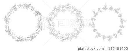 Currant Berry Round Wreaths Collection. Minimalist Floral Circle Frame Blackcurrant with Leaves. Isolated Outline Hand-Drawn with empty space in center. Vector illustration. Not AI Currant Berry Round Wreaths Collection. Minimalist Floral Circle Frame Blackcurrant with Leaves. Isolated Outline Hand-Drawn with empty space in center. Vector illustration. Not AI 136401490