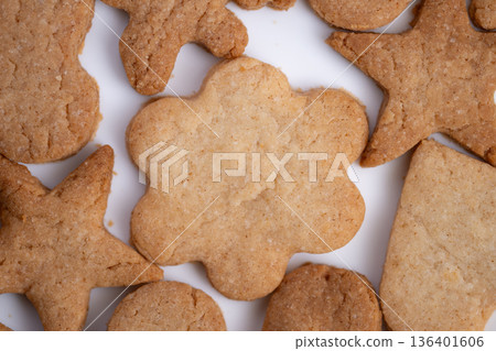 Minimalist cookie with flower design, Studio shot of flowershaped cookie on white background, Professional photograph showcasing delicate flower cookie for catalogs Minimalist cookie with flower design, Studio shot of flowershaped cookie on white background, Professional photograph showcasing delicate flower cookie for catalogs 136401606