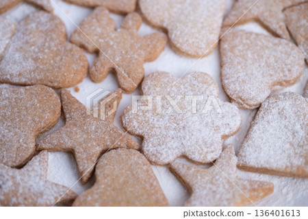 Handcrafted cookies with charming appeal, Homemade baked goods with rustic farmhouse charm, Delightful powdered sugar cookies styled in traditional farmhouse fashion 136401613