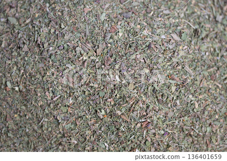Dried plant blend for teas, Herbal blend with leaves and stems for soothing beverages, Dried herb mixture featuring leaves and stems in muted green for calming infusions 136401659