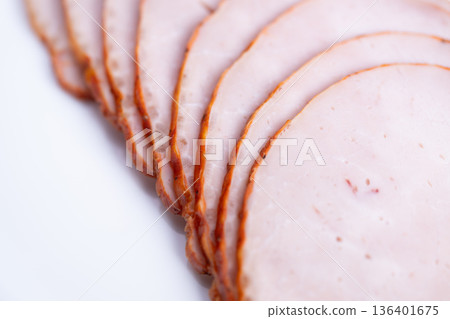 Artisan sandwich ingredient showcasing carefully prepared ham slices. Gourmet ham layering highlighting craftsmanship and highquality ingredients for sophisticated sandwiches Artisan sandwich ingredient showcasing carefully prepared ham slices. Gourmet ham layering highlighting craftsmanship and highquality ingredients for sophisticated sandwiches 136401675