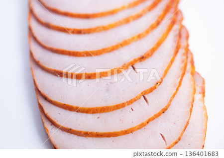High protein lean slices picture. Diet plan visuals showcasing healthy lean protein portions. Imagery of thin cut meat slices emphasizing high protein content for diet plans High protein lean slices picture. Diet plan visuals showcasing healthy lean protein portions. Imagery of thin cut meat slices emphasizing high protein content for diet plans 136401683