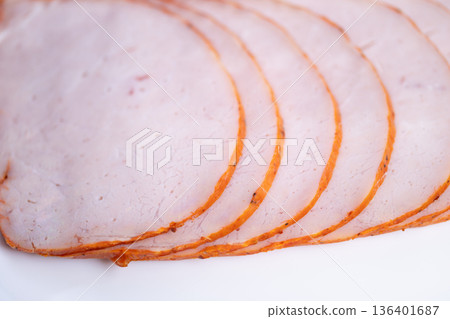 Meat closeup details. Detailed shot of seasoned meat highlighting texture and color. Highquality macro photograph showcasing smooth pink inside and spiced edge of meat Meat closeup details. Detailed shot of seasoned meat highlighting texture and color. Highquality macro photograph showcasing smooth pink inside and spiced edge of meat 136401687