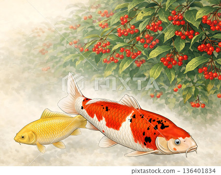 日式背景，萬壽菊與錦鯉游弋——吉祥的日式插畫 136401834