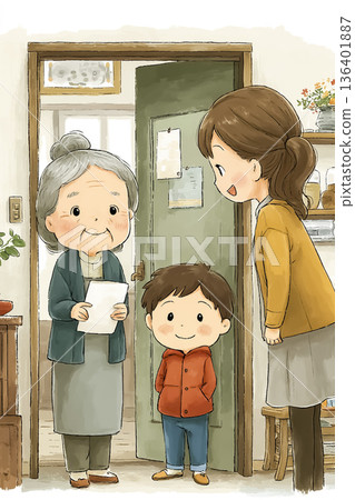 一幅母親守護著祖母和孫子的家庭插畫 | 一幅溫馨的日常場景，連結著不同的世代。 136401887