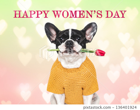 Happy Women's Day. Cute puppy and congratulatory inscription Happy Women's Day. Cute puppy and congratulatory inscription 136401924
