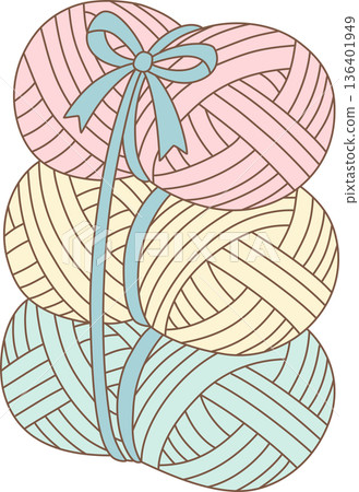 Hand Drawn Minimalist Illustration of Three Pastel Yarn Balls Tied with a Blue Ribbon Bow for Craft and Gift Concept Hand Drawn Minimalist Illustration of Three Pastel Yarn Balls Tied with a Blue Ribbon Bow for Craft and Gift Concept 136401949