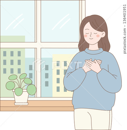 Hand Drawn Minimalist Illustration of a Peaceful Woman Standing by a Window with a Potted Plant Expressing Gratitude and Self Care 136401951