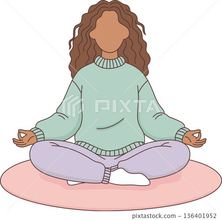 Hand Drawn Minimalist Illustration of a Woman Meditating in Yoga Pose for Wellness and Mindfulness Concept 136401952