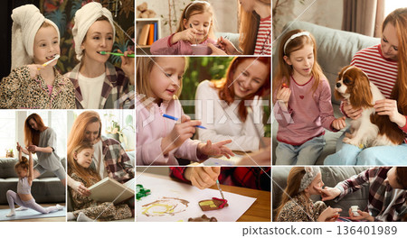 Mother and daughter daily routine at home collage Mother and daughter daily routine at home collage 136401989