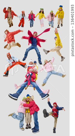 Kids jumping and playing together in winter clothes isolated collage. 136401993