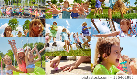 Happy children playing together outdoors in summer park collage. Happy children playing together outdoors in summer park collage. 136401995
