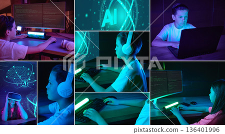 Children learning artificial intelligence coding and digital technology at home composition. 136401996