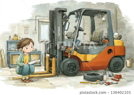 Female worker inspecting a forklift | Illustration of safety management and maintenance work 136402103