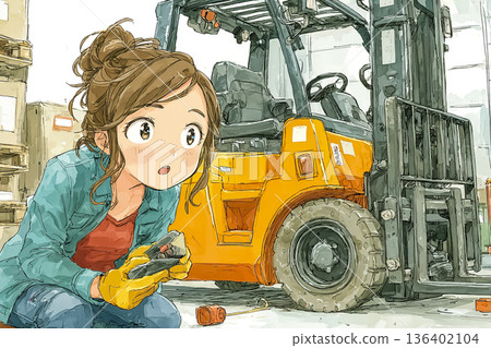 Female staff working in a factory | On-site response illustration around a forklift 136402104