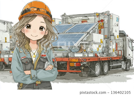 女工負責太陽能板的運輸 | 再生能源和物流場地示意圖 136402105