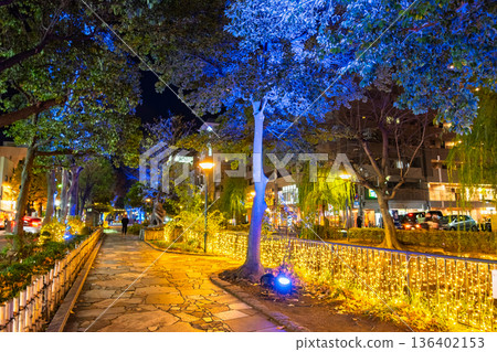 Illuminations decorating Nishikawa Ryokudo Park at night in Okayama City 136402153